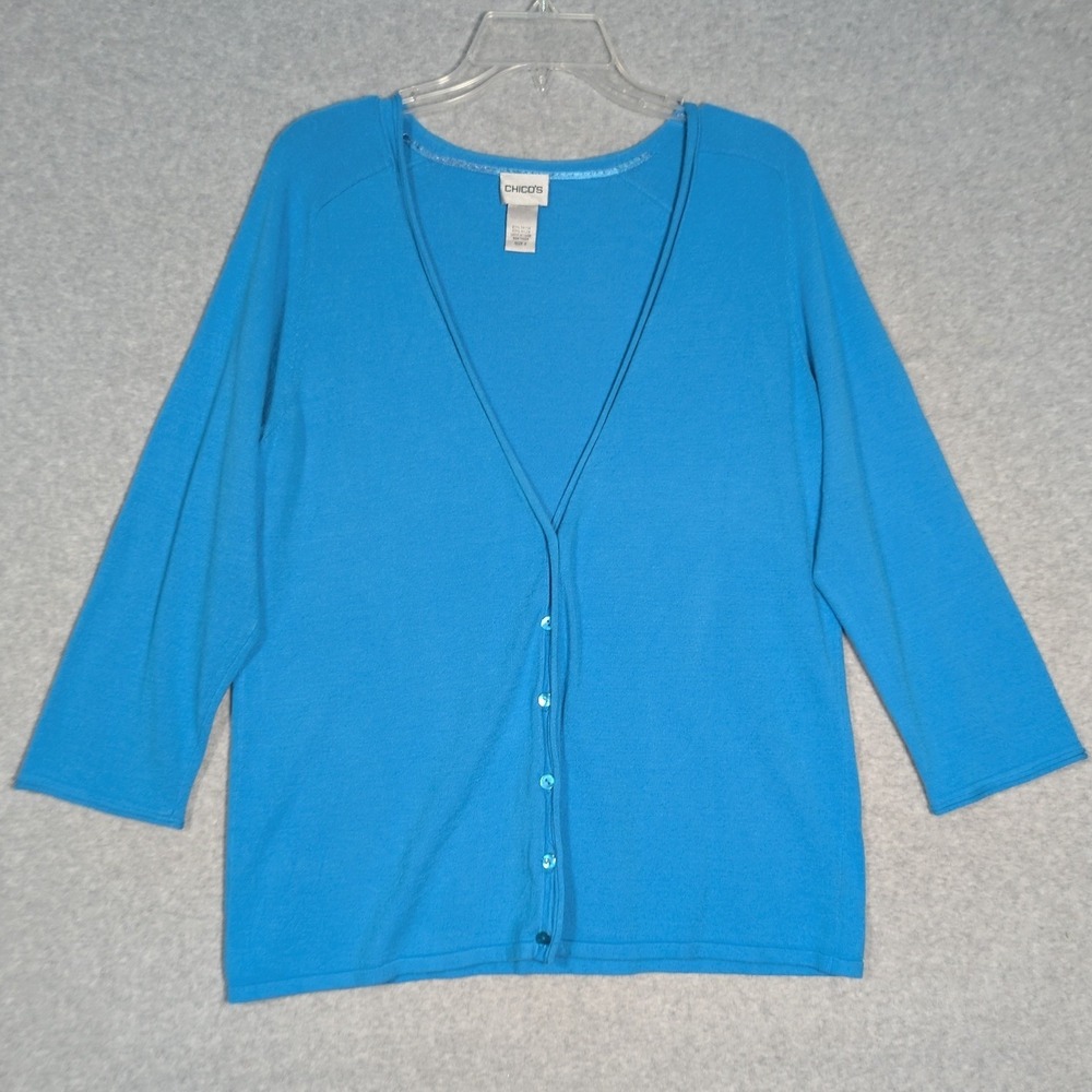 Chicos Cardigan Women Size 2 Blue 3/4 Sleeve Bright Layering Dopamine Casual